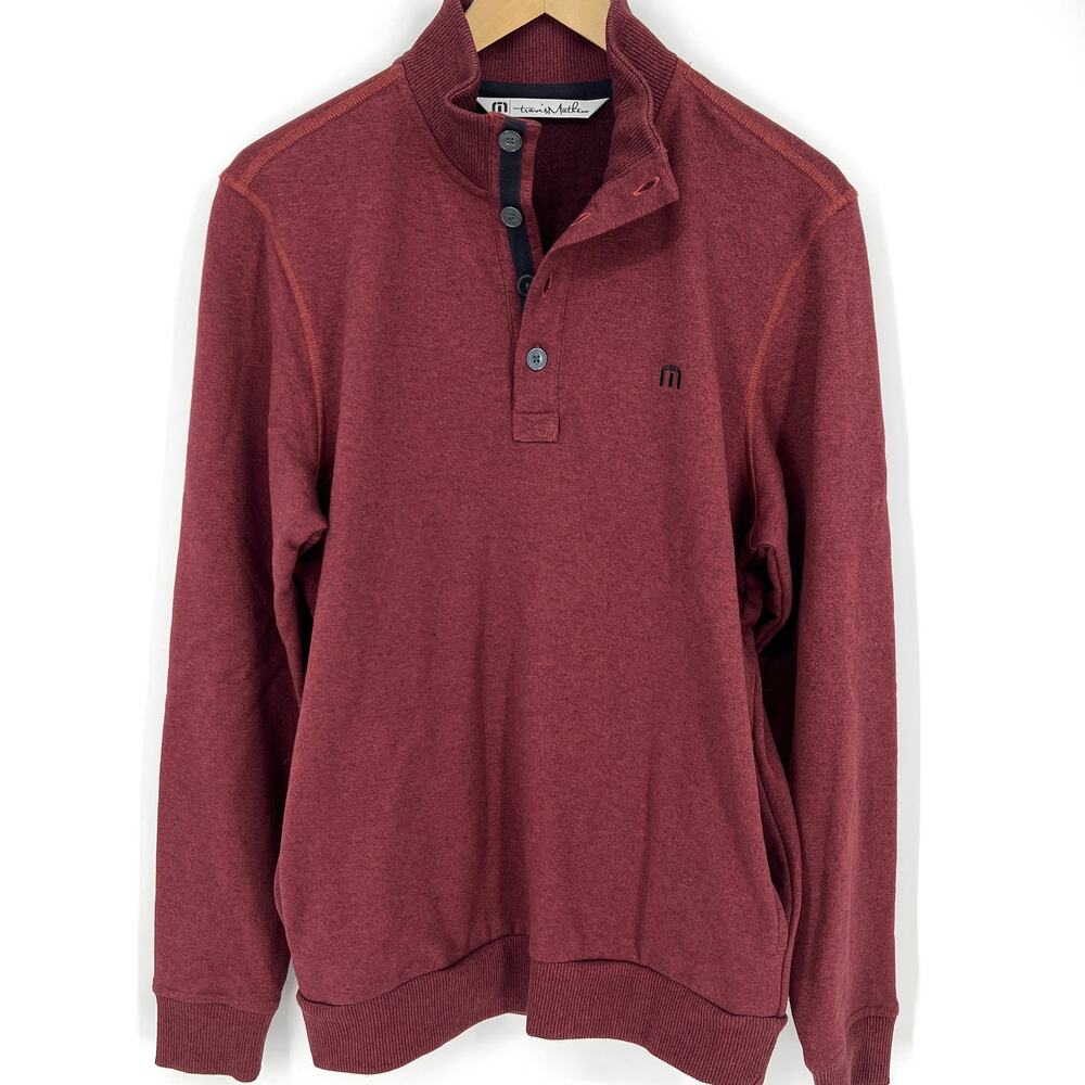 Travis Mathew Mens Henley Button Knit Cotton Blend Sweater Rust Size S